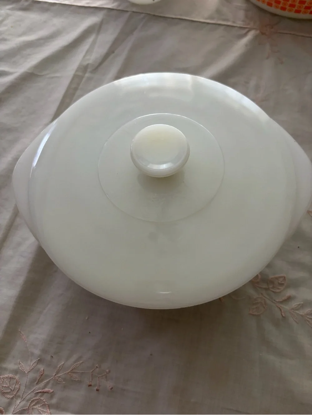 Glasbake White Milk Glass Casserole with Autumn Leaf Motif